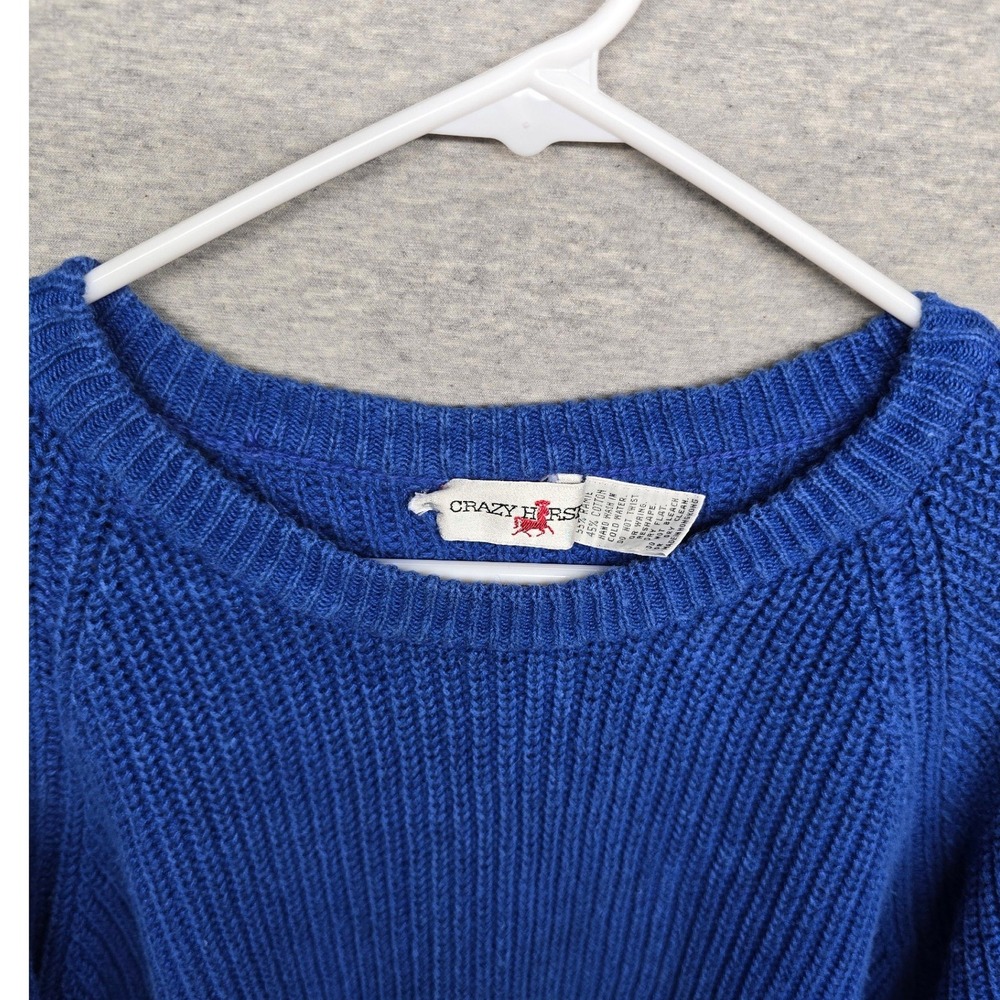 Vintage Crazy Horse Blue Shaker Knit Sweater Ramie Cotton Raglan Crew Neck